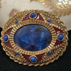 Victorian replica brooch w/faux Lapis Lazuli center/Blue/burgundy enamel 21/4”